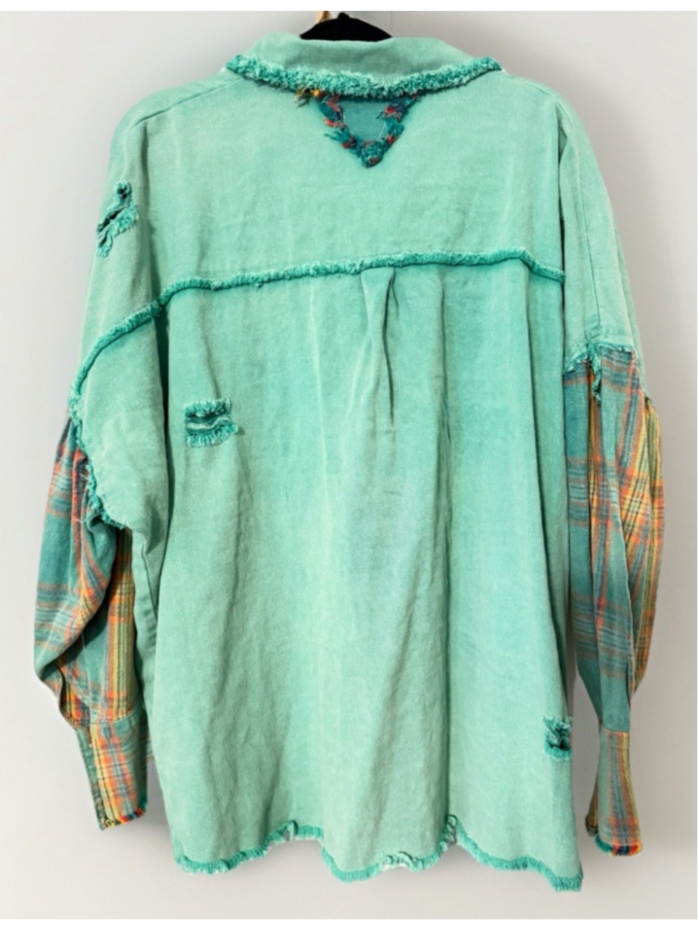 POL Boho Patchwork Jacket m Raw Hem Plaid Sleeve Oversized Cotton 2XL - Picture 4 of 7